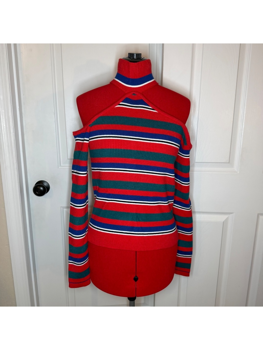 Stylewe Ribbed Striped Cold Shoulder Long Sleeve Mock Neck Sweater Womens L  NWT
